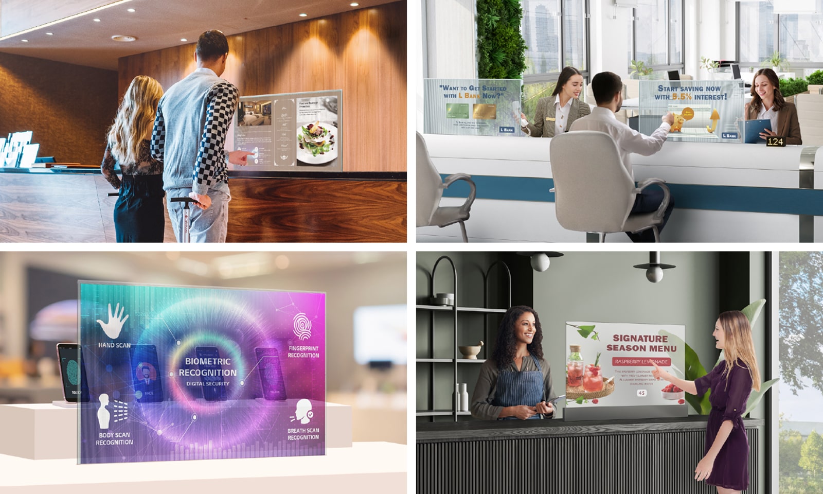 A man and a woman are selecting a room by touching the Transparent OLED Signage installed on the hotel lobby's front table. There are two Transparent OLED Signage displays installed at the bank counter, showing advertisements for bank products on the screens. Transparent OLED Signage is installed in front of a table upon which cell phones are displayed in a cell phone store, and the Transparent OLED Signage screen is showing a cell phone’s functions. A café has Transparent OLED Signage installed, and a woman is checking the menu by touching the Transparent OLED Signage screen.