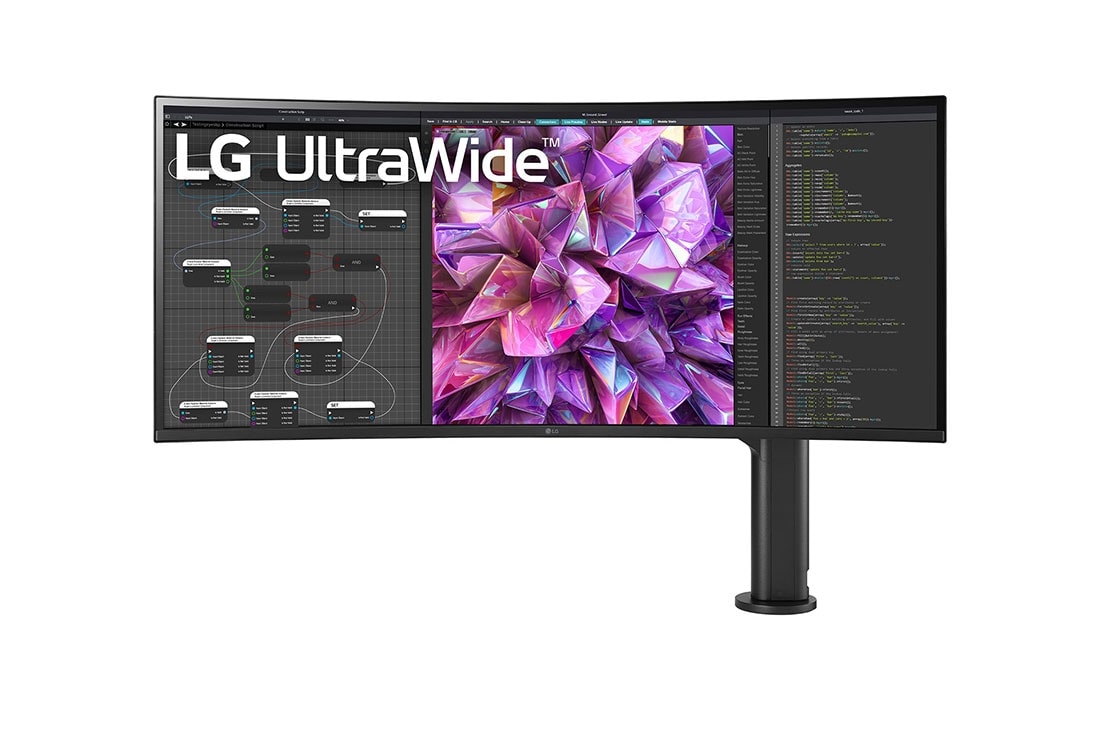 LG 37.5'' 21:9 Curved UltraWide™ QHD+ (3840 x 1600) Monitor Ergo, front view with the monitor arm on the right, 38WQ88C