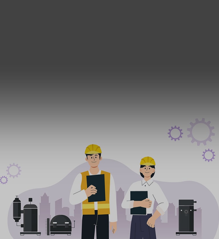 A dark image of compressors and two workers