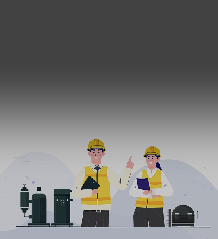 A dark image of compressors and two workers