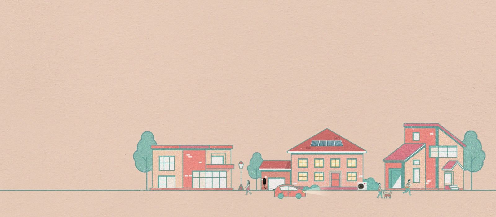 A vintage style cartoon town with a car parked in front of a house.