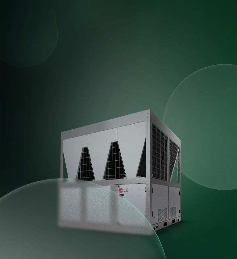 LG inverter scroll chiller with green background.