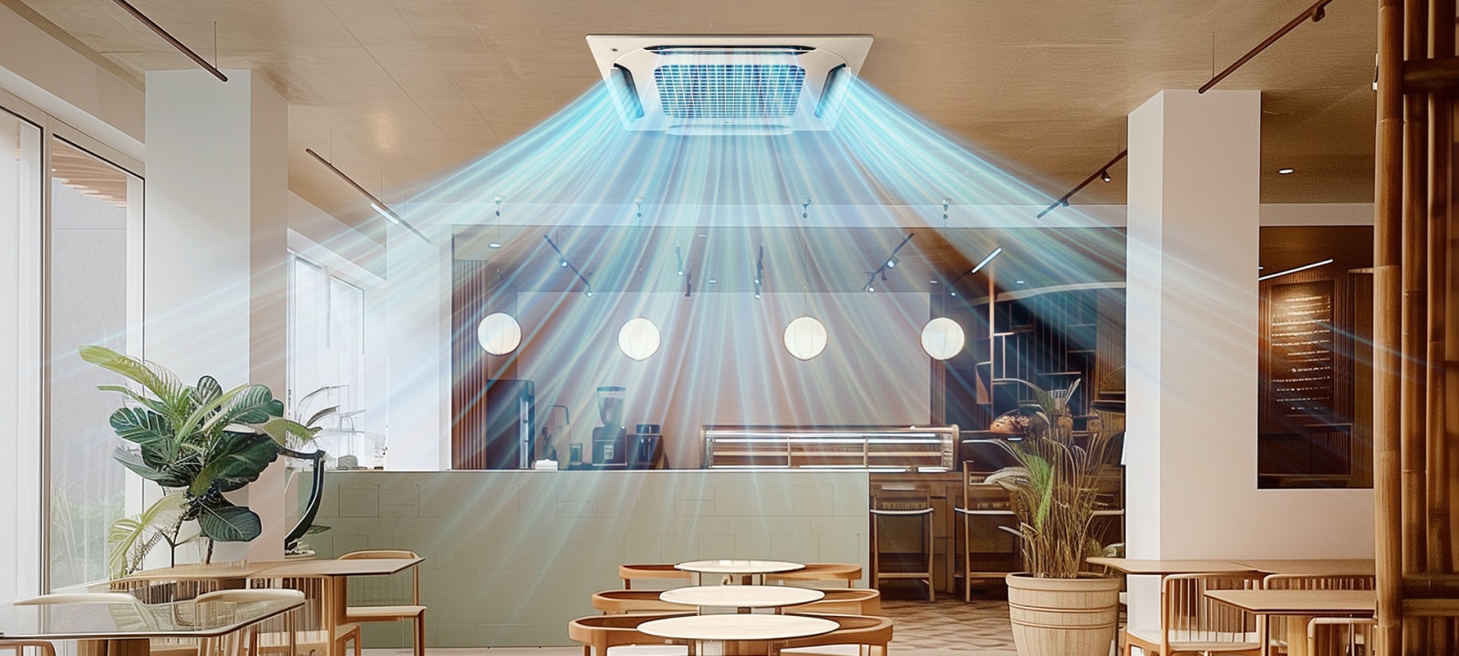 The LG ceiling-mounted cassette disperses cool air in multiple directions, evenly cooling the space. The setting appears to be a modern café or restaurant, with indoor plants and warm lighting.