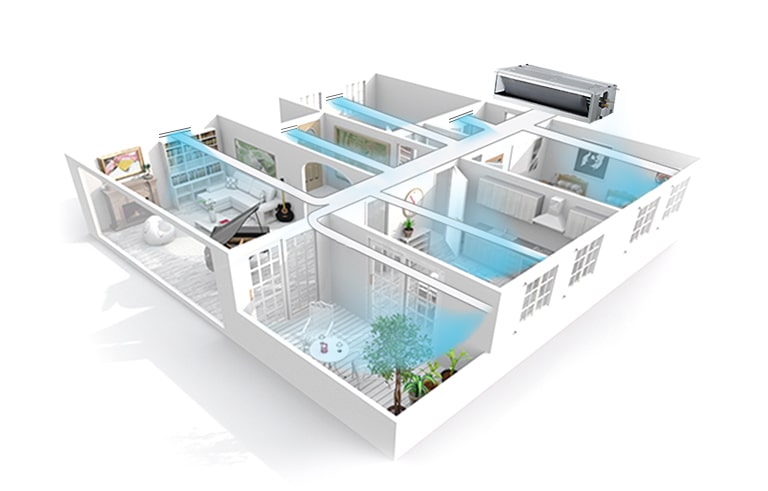 3D Illustration of the LG Ceiling Concealed Duct cooling multiple rooms in a home, with blue airflow showing efficient coverage throughout the space.