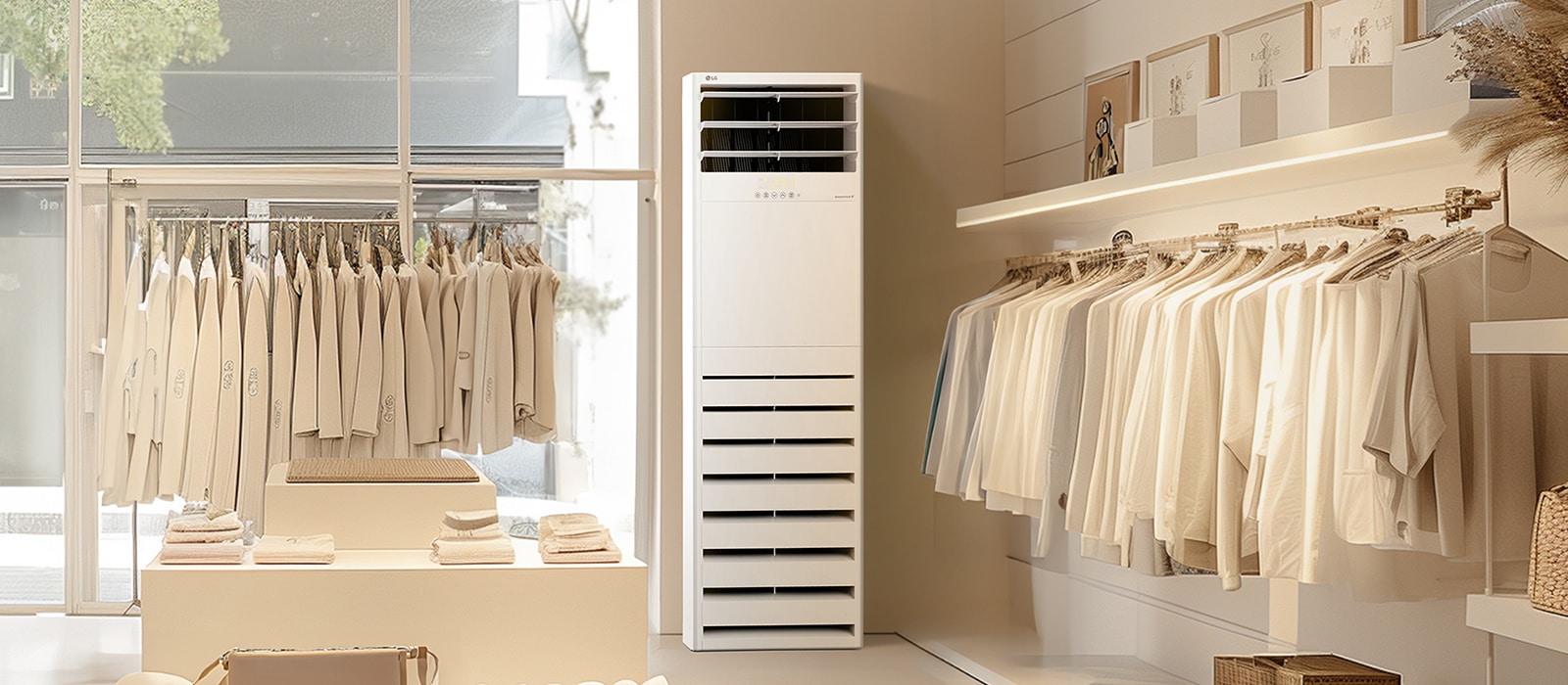 The LG Floor Standing Unit is placed in a minimalist clothing store with neutral-colored neatly displayed on racks and shelves. 