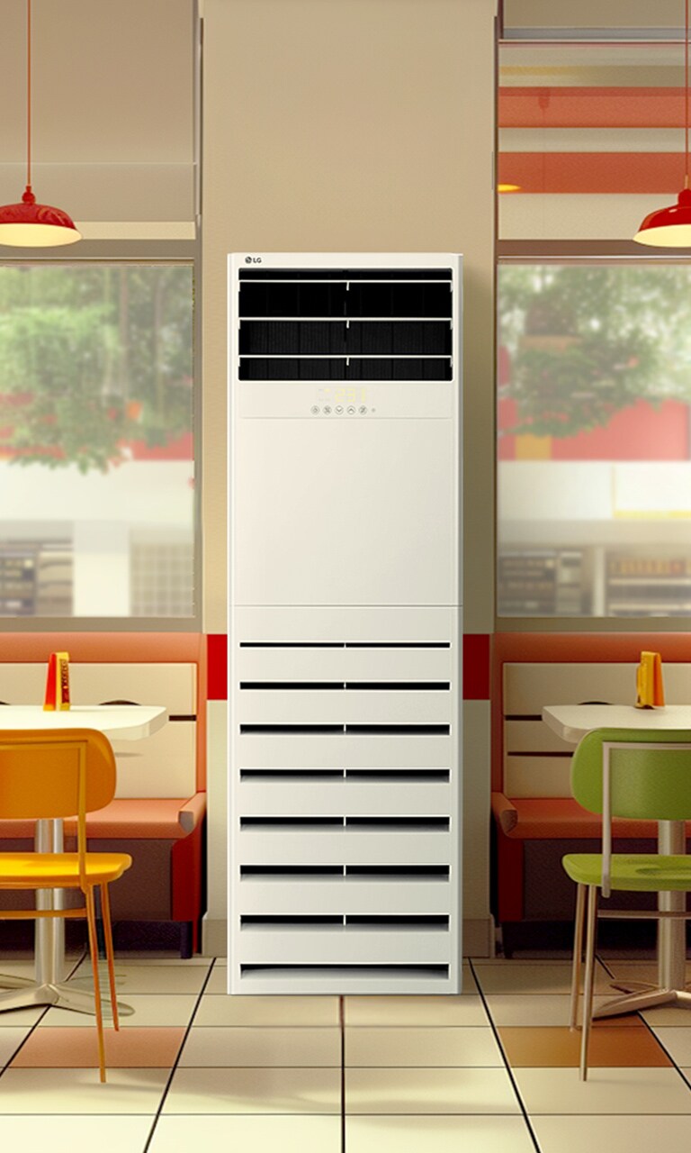 The LG Floor Standing Unit is placed in a retro-style diner with colorful chairs, booth seating, and large windows overlooking the street. 