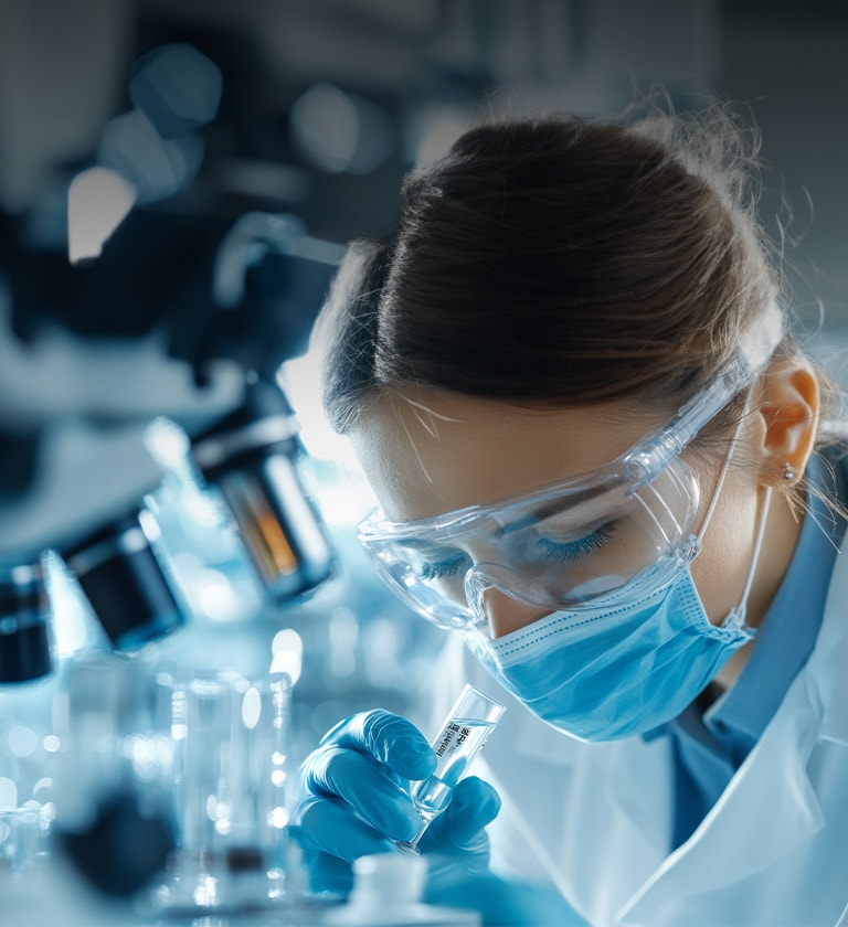 A female scienctist in safety goggles, gloves, and face mask conducting experiment with a microscope. 