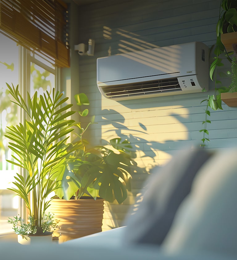 The image shows a cozy living space bathed in warm sunlight with a white air conditioner unit hanging on the wall, and potted plants are placed. 