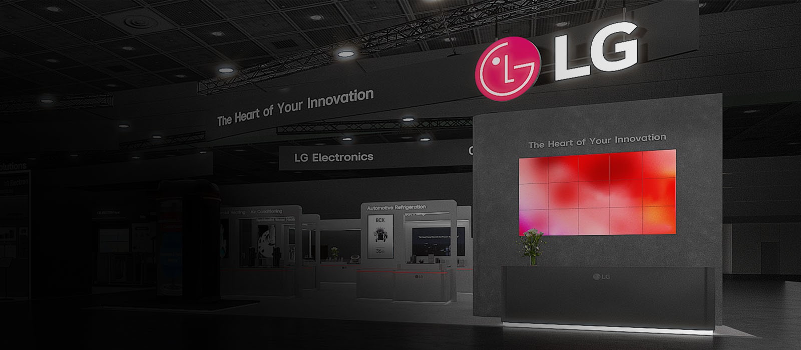 LG Electronics' exhibition booth showcases the slogan "The Heart of Your Innovation" with a modern display and product highlights.