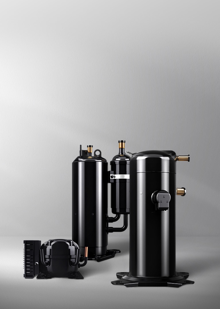Reciprocating Compressor, Rotary Compressor, and Scroll Compressor from LG are lined up in a row.