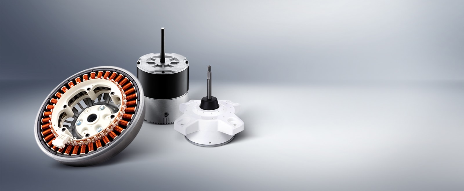 Direct Drive Motor, EC Motor, Fan Motor, and Drone Motor from LG are lined up in a row.