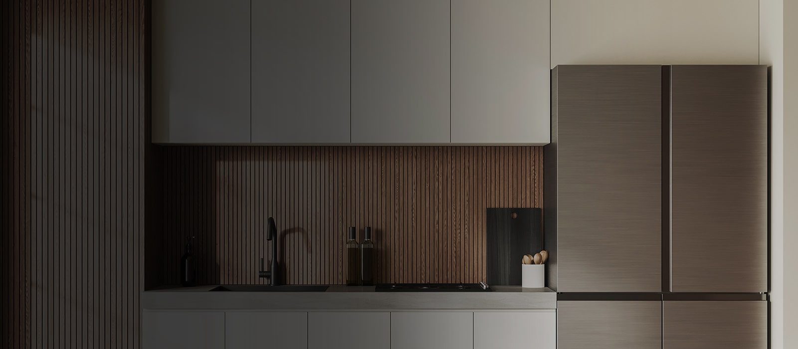 White and Wooden Kitchen with a Refrigerator