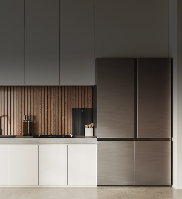 White and Wooden Kitchen with a Refrigerator