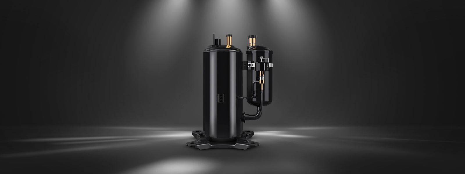 LG's UniRotary™ compressor in black with metallic accents is highlighted under lighting.