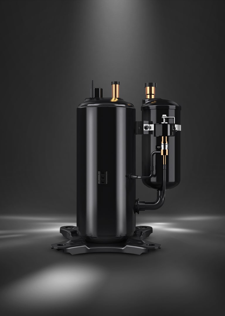 LG's UniRotary™ compressor in black with metallic accents is highlighted under lighting.