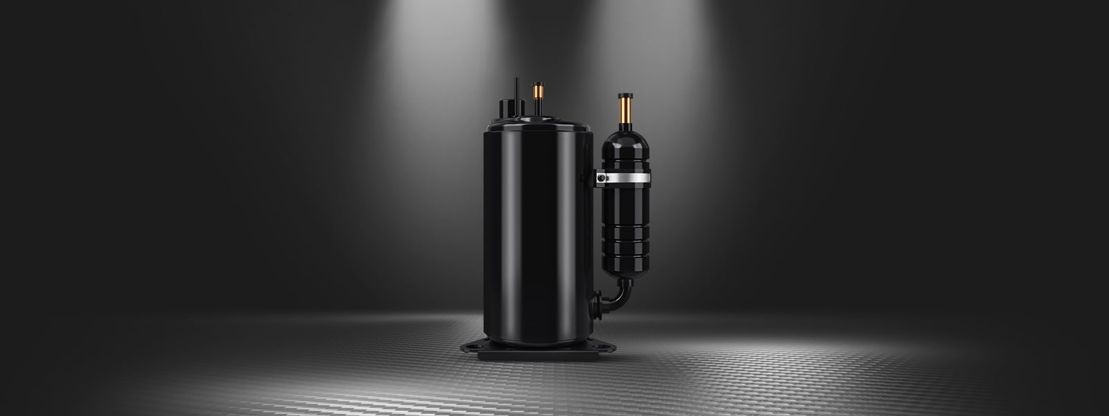 LG's Fixed Speed Rotary Compressor in black with metallic accents is highlighted under lighting.