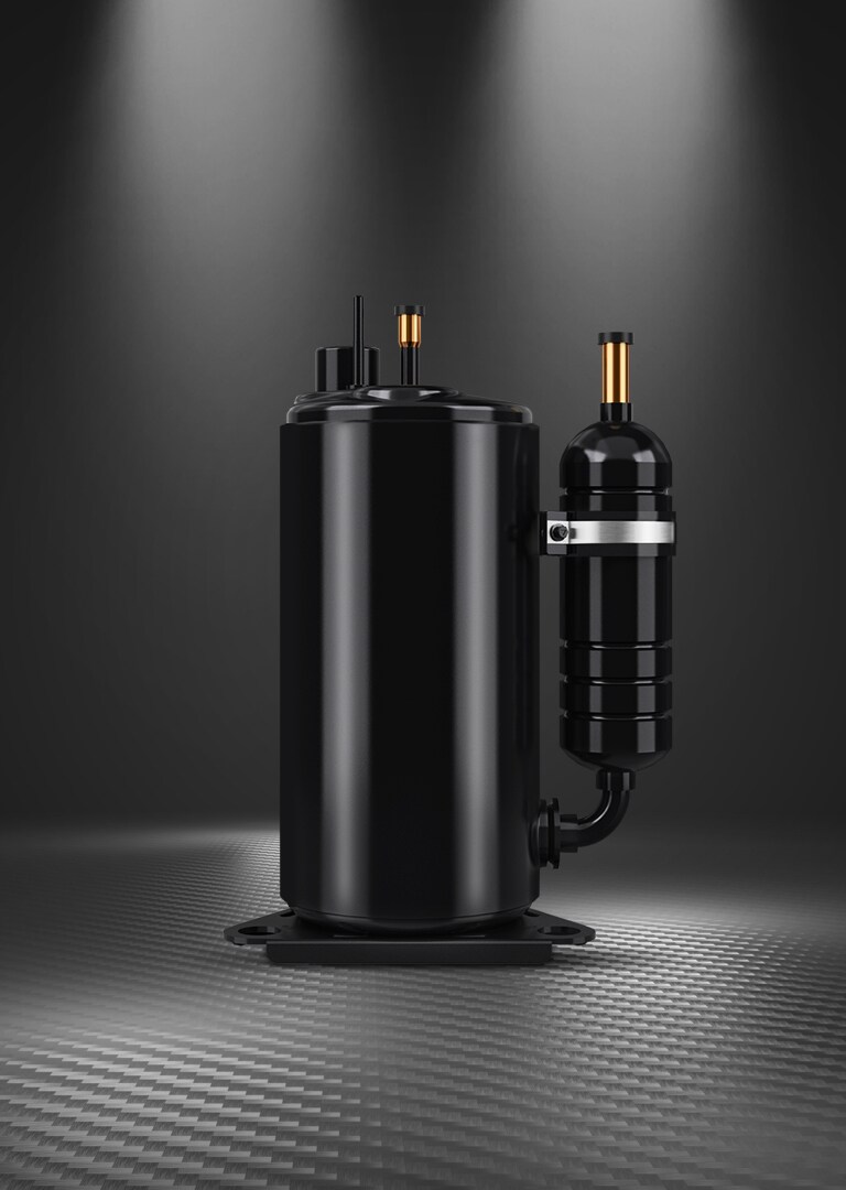 LG's Fixed Speed Rotary Compressor in black with metallic accents is highlighted under lighting.