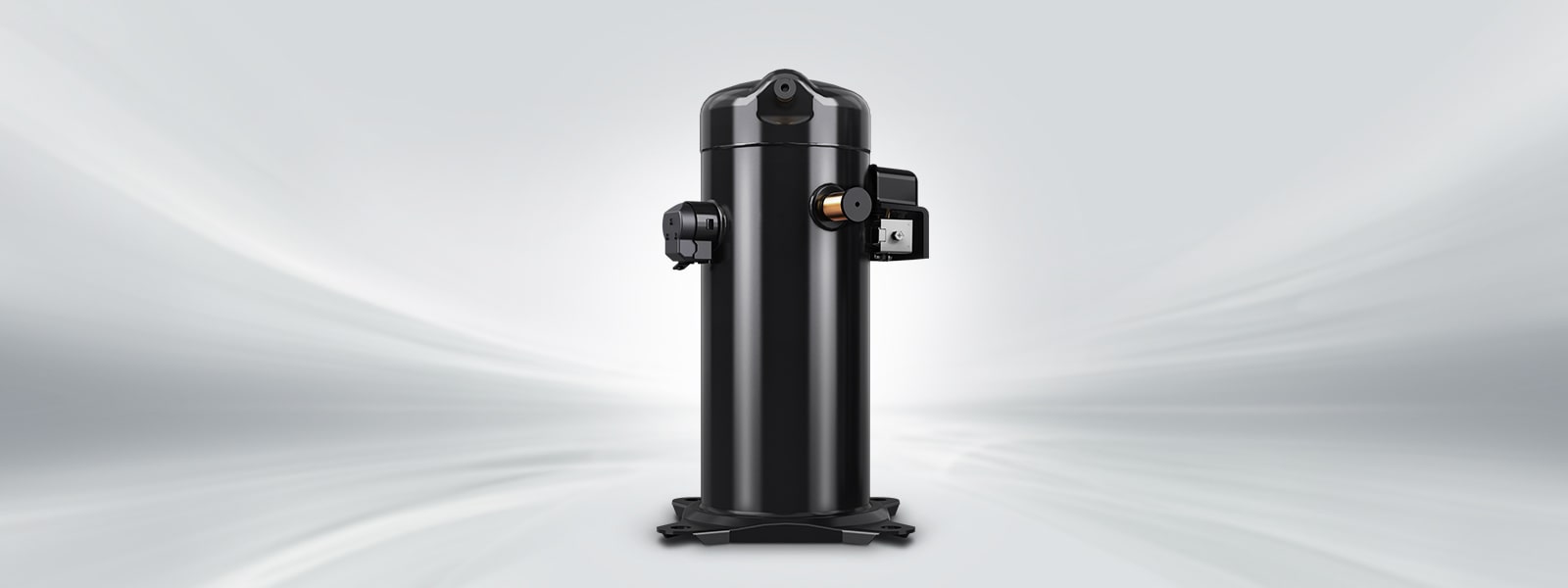 A frontview of LG two stage scroll compressor with a light gray background