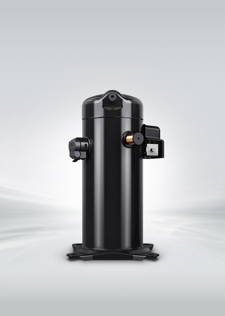 A frontview of LG two stage scroll compressor with a light gray background