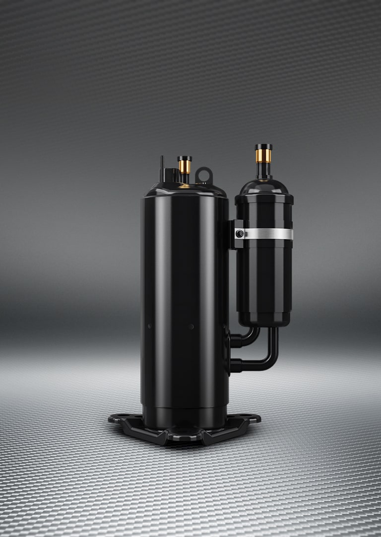 The LG Variable Speed Rotary Compressor in black with metallic accents is highlighted under lighting.