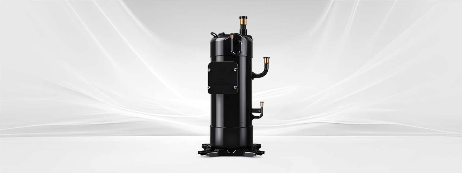 The front view of Variable Speed Scroll Compressor standing on a white surface, with a minimalist white background featuring subtle curved lines.