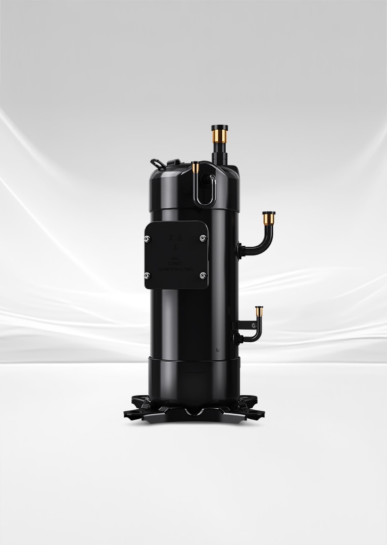 The front view of Variable Speed Scroll Compressor standing on a white surface, with a minimalist white background featuring subtle curved lines.