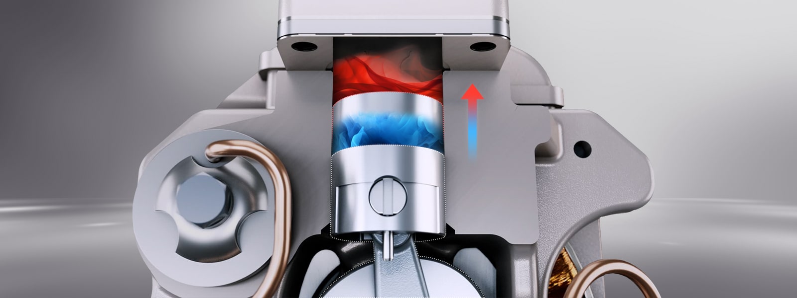 Close-up view of a reciprocating compressor piston moving back and forth inside the cylinder, with a red arrow indicating the upward motion and a blue arrow showing the downward motion.