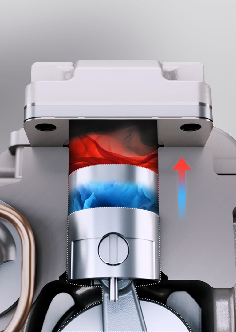 Close-up view of a reciprocating compressor piston moving back and forth inside the cylinder, with a red arrow indicating the upward motion and a blue arrow showing the downward motion.