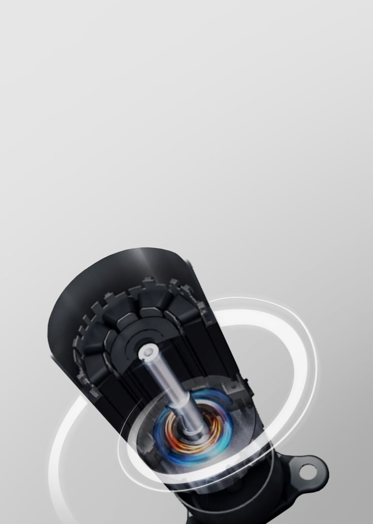 A close-up view of the LG R1™ Compressor with a visible central shaft and internal parts highlighted in shades of blue and orange.