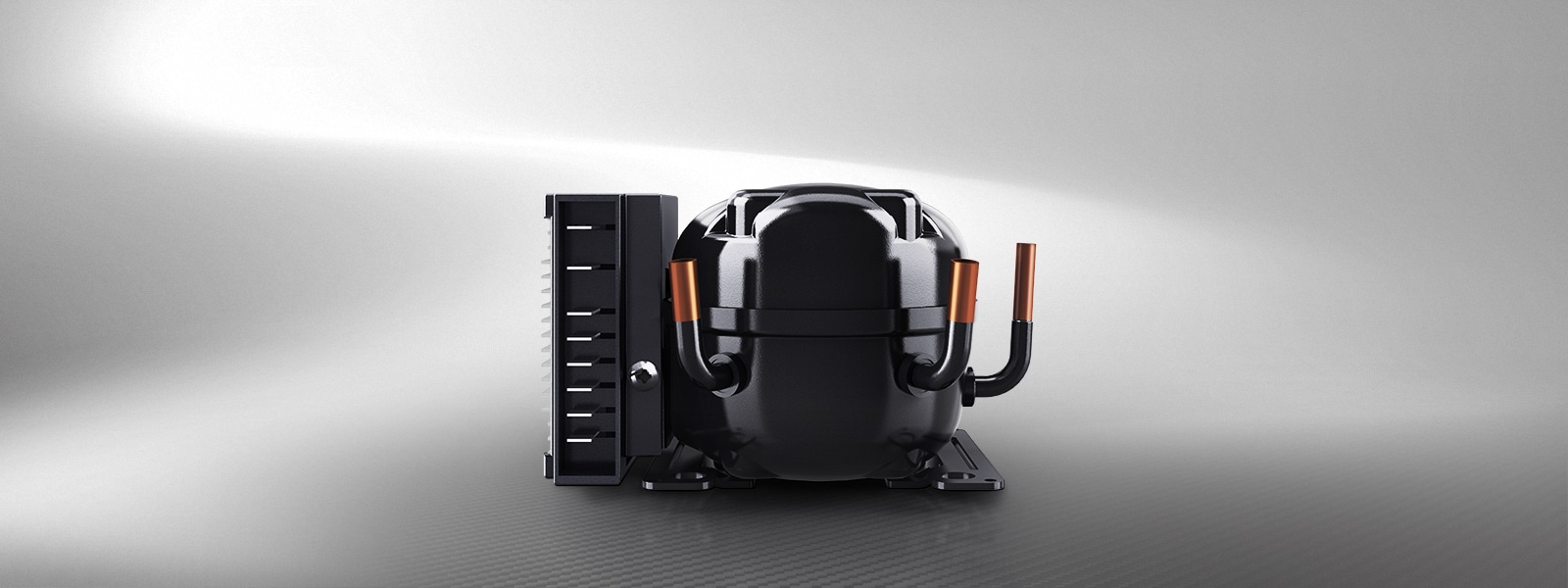 LG's bc series reciprocating compressor in black with metallic accents is highlighted under lighting.