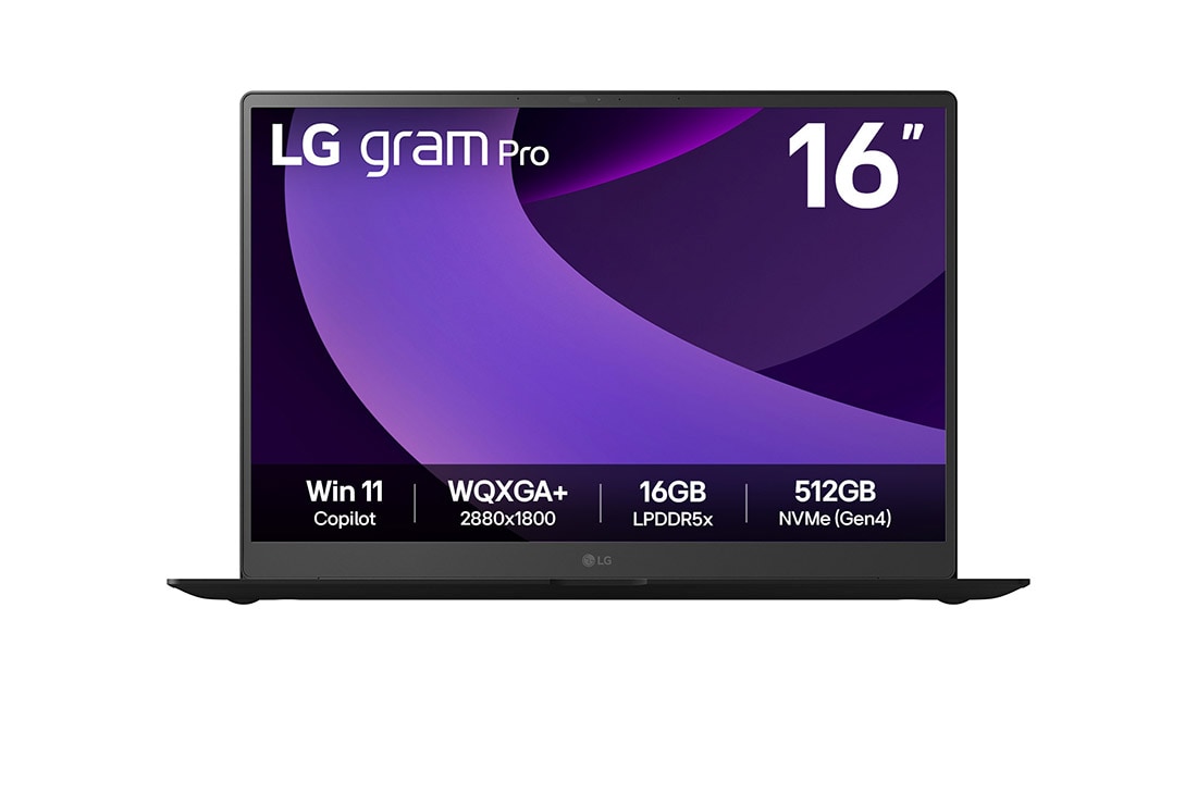 LG gram Pro 16'' | Lightweight 32GB RAM Intel® Core™ Ultra Processor Laptop | Windows 11 Pro, gram Hybrid AI, Copilot, LG gram Link, 16:10 OLED display, Front view, 16Z90TP