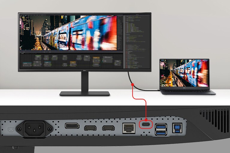 An image of a laptop and monitor connected with a single USB Type-C cable.	
