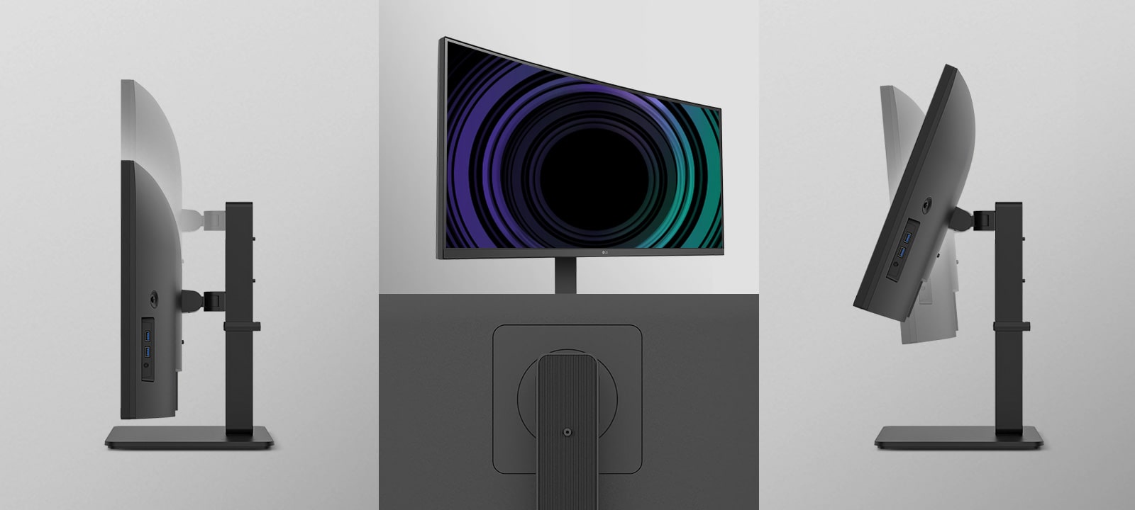 Image showing One Click Stand, Tilt, Height, and Swivel view of the monitors.	