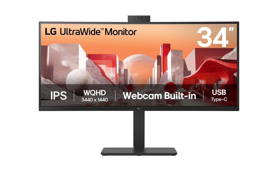 LG 34'' UltraWide QHD Curved IPS Monitor with Built-in FHD webcam and USB Type-C™, front view with webcam, 34BA85QE