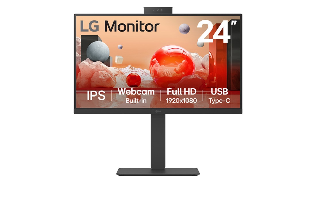 LG 24” Full HD IPS Monitor with Built-in FHD webcam and USB Type-C™, front view with webcam, 24BA850