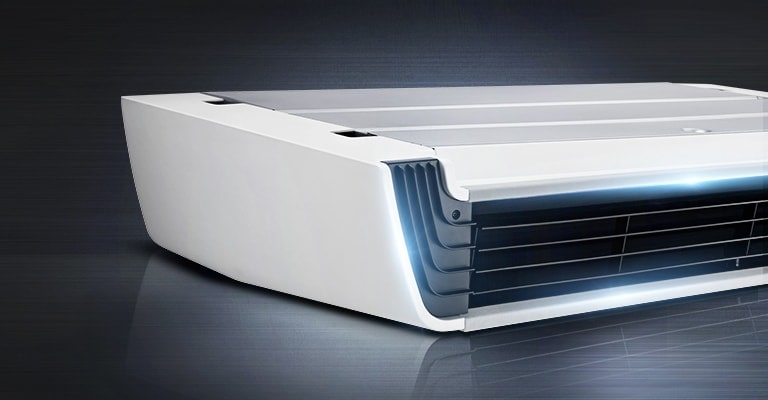 The front-side view of the LG Ceiling Suspended unit is partially visible, with its black duct area glistening prominently.
