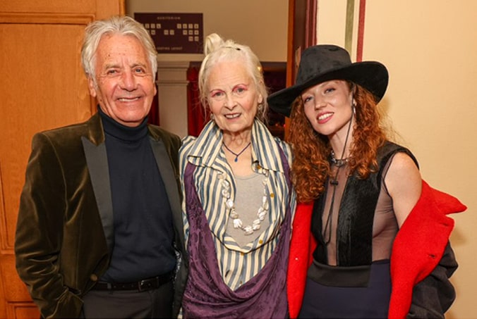 Jeff Banks CBE, Vivienne Westwood, and Jess Glynn stand together for a photo.