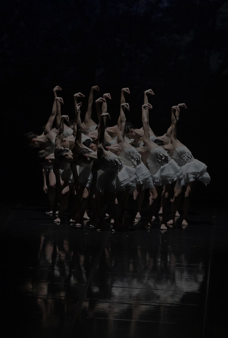 Ballerinas in white pose together like swans on a black stage.