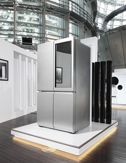 lg signature refrigerator is displayed right in the middle of the launching event in tokyo japan