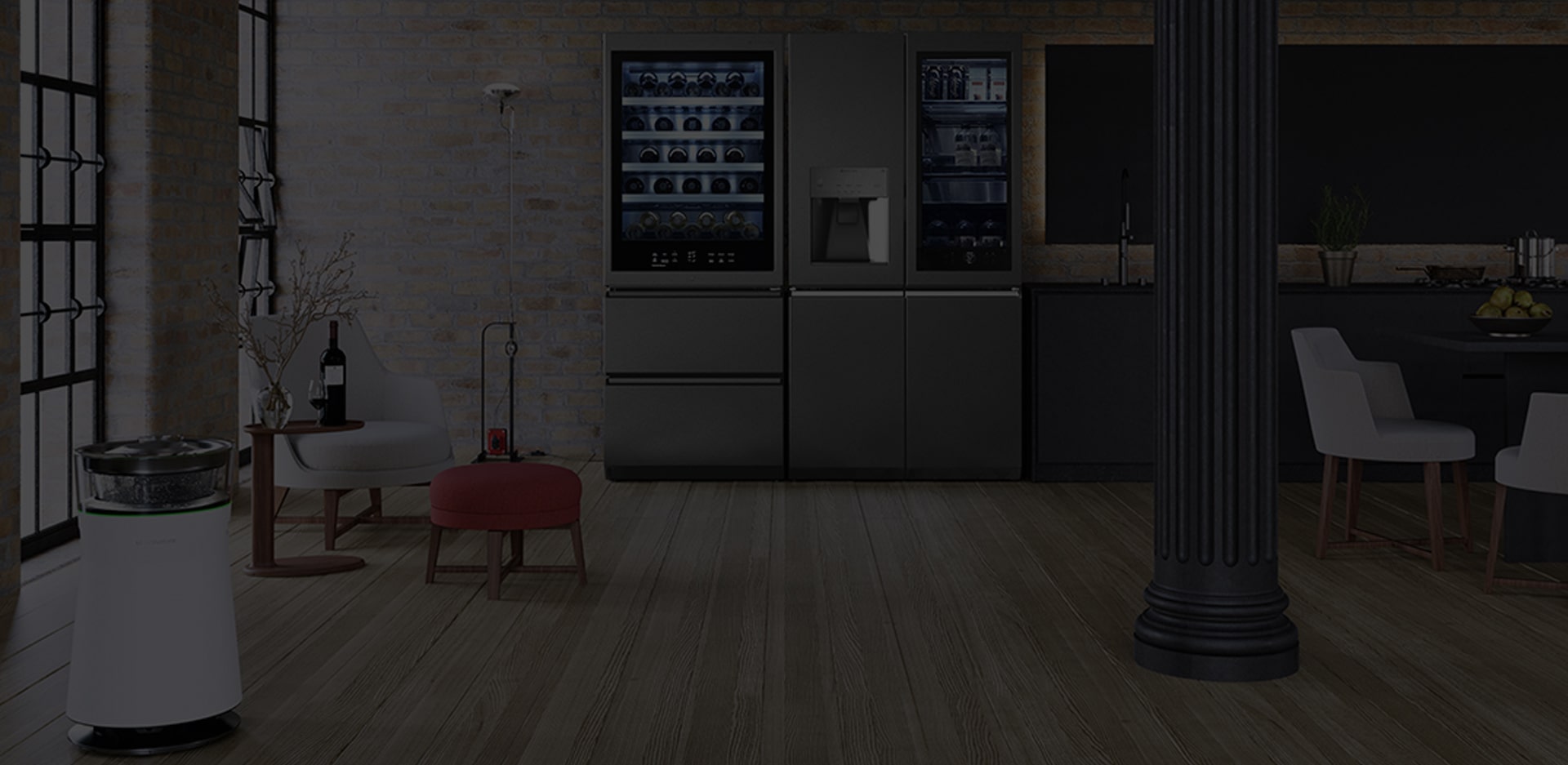 LG SIGNATURE Refrigerator and Wine Cellar are placed in the kitchen of the brick warehouse style with Flexform's furnishing items.