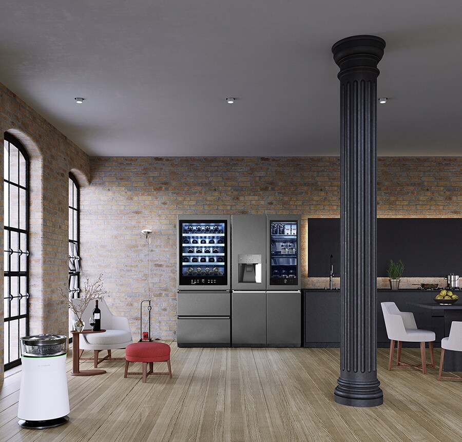 LG SIGNATURE Refrigerator and Wine Cellar are placed in the kitchen of the brick warehouse style with Flexform's furnishing items.