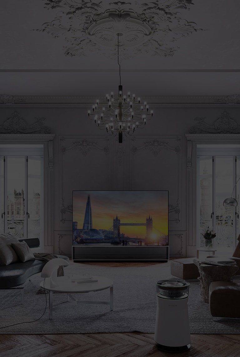 LG SIGNATURE OLED 8K is placed in the room of the Victorian cornices and parquet floors with Flexform's furnishing items.