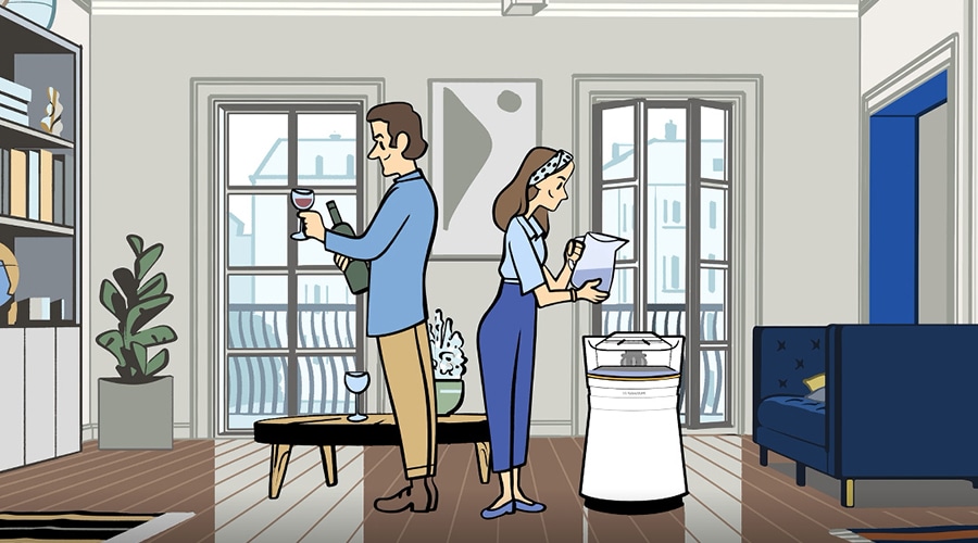Illustration of LG SIGNATURE Air Purifier's watering system in the home with Paris background.