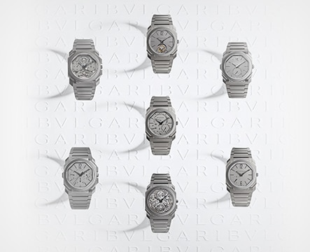 Six silver BVLGARI watches arranged in a circle with one in the middle.