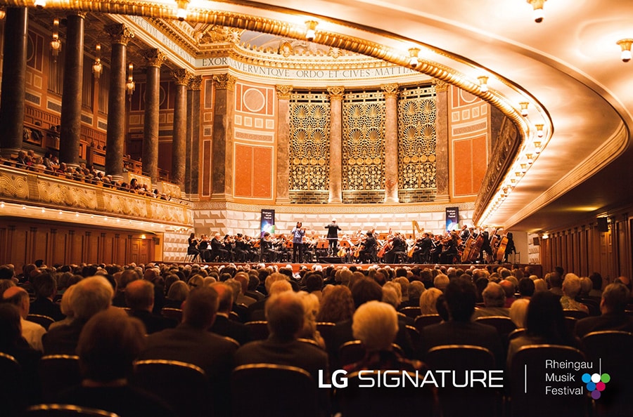 An orchestra performing at the Kurhaus during the Rheingau Musik Festival.