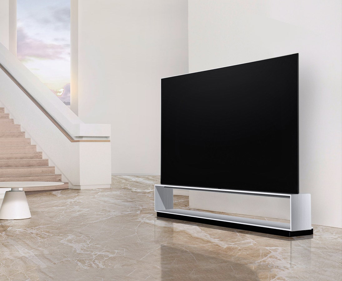 Image of LG SIGNATURE OLED TV Z9 laid on right next to stairs