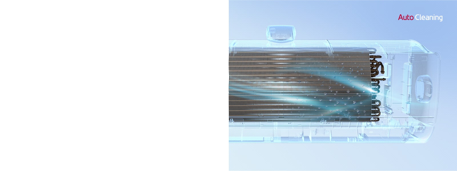 The front of the LG air conditioner with its outer part completely invisible, so that the inner workings of the machine can be seen. The machine runs and then a blue light, the auto-cleaning mechanism activates and cleans the machine with a blue light. The AutoCleaning logo is in the upper right corner.