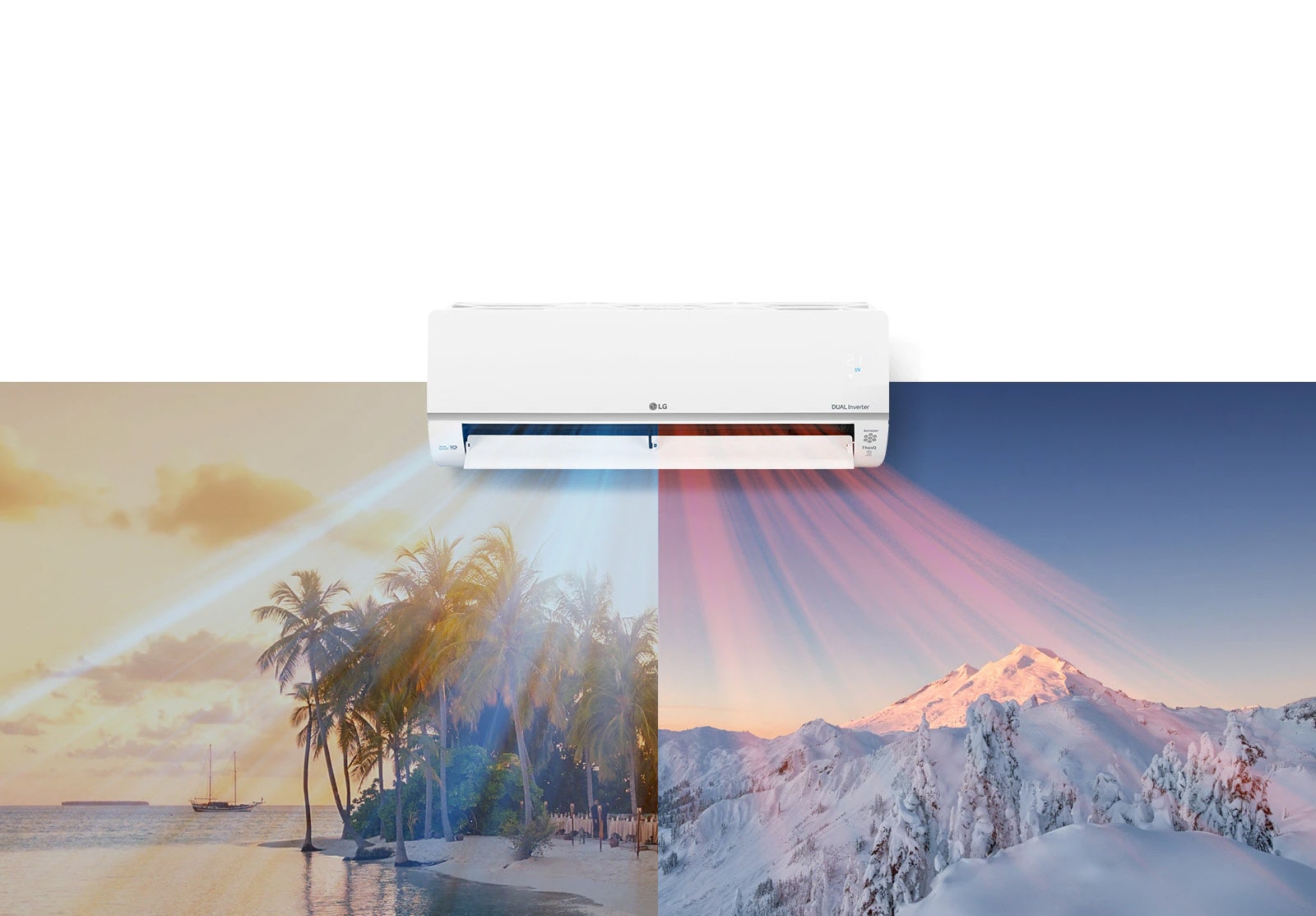 An LG air conditioner posted in the image in the upper center position. Below are two images, one image shows a hot beach and the other a snowy mountain. The air conditioner blows cool blue air into the image of the beach and warm red air into the image of the snowy landscape.