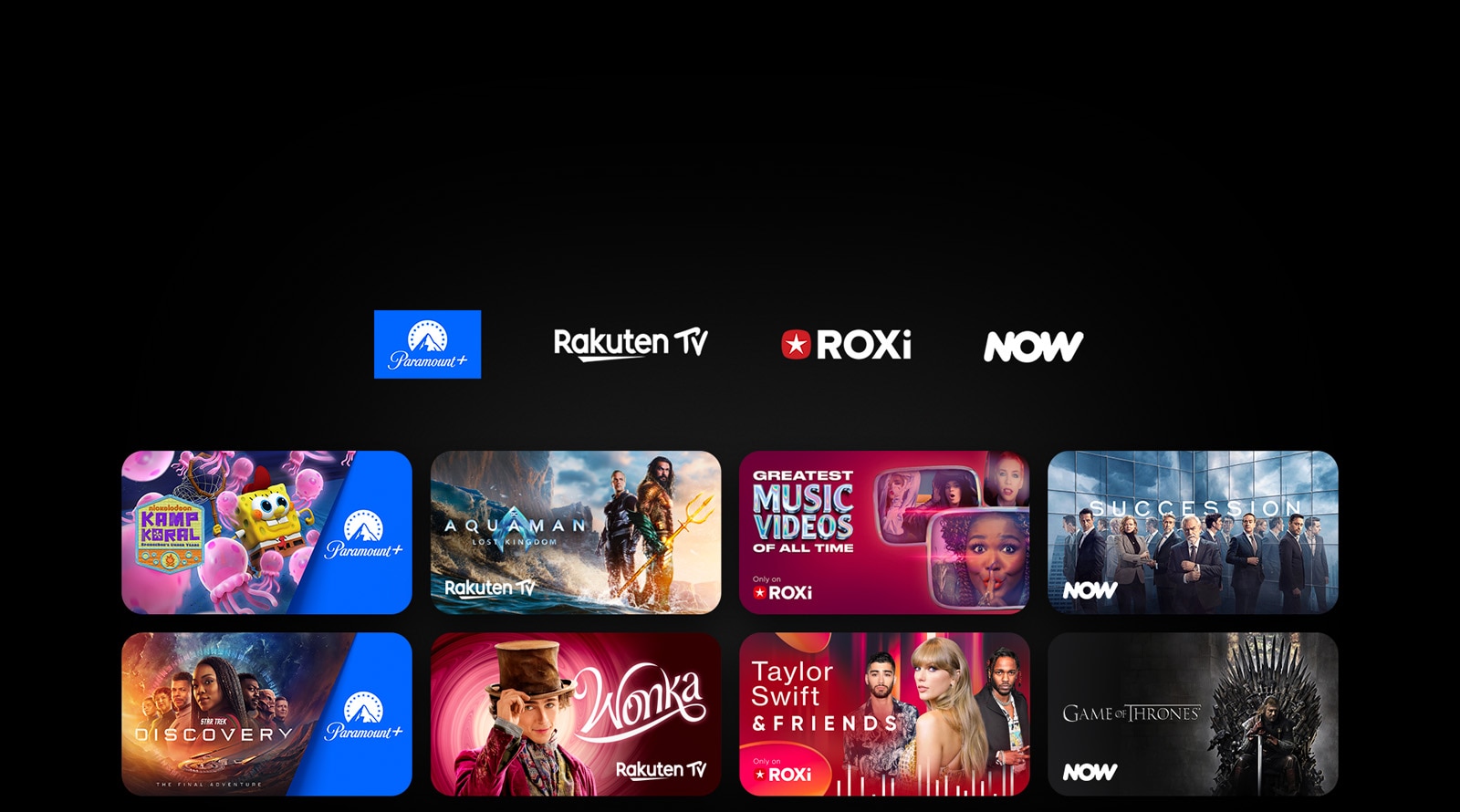 Τα λογότυπα Paramount+, Rakuten TV, ROXi και Now εμφανίζονται σε μια σειρά. Από κάτω, υπάρχουν αφίσες για αποκλειστικές τηλεοπτικές σειρές και ταινίες.