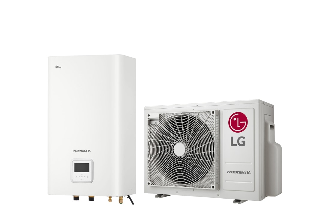 LG R32 Split 4/6 kW Hydro Box, 1Ø, 6kW, Δεξιά πλαϊνή όψη 45 μοιρών ενός λευκού ορθογωνίου εσωτερικής μονάδας IWT και μιας επιδαπέδιας εξωτερικής μονάδας με έναν κυκλικό ανεμιστήρα που προβάλλονται δίπλα-δίπλα., HN0613M NK5 + HU061MR U20